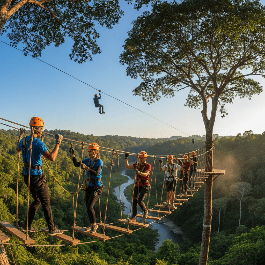 Aerial view of lush green rainforest canopy with zipline cables stretching between trees in Antigua